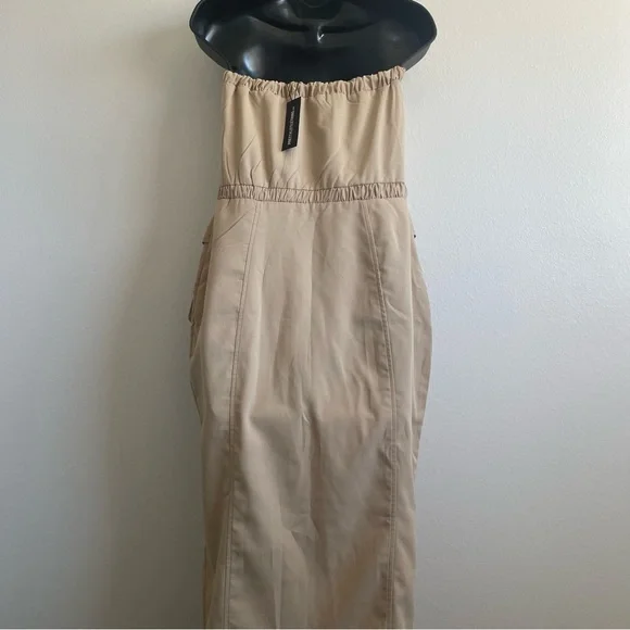 NWT PrettyLittleThing Strapless Cargo Midi Dress W-8 Tan Zip Front Utility - Picture 6 of 10